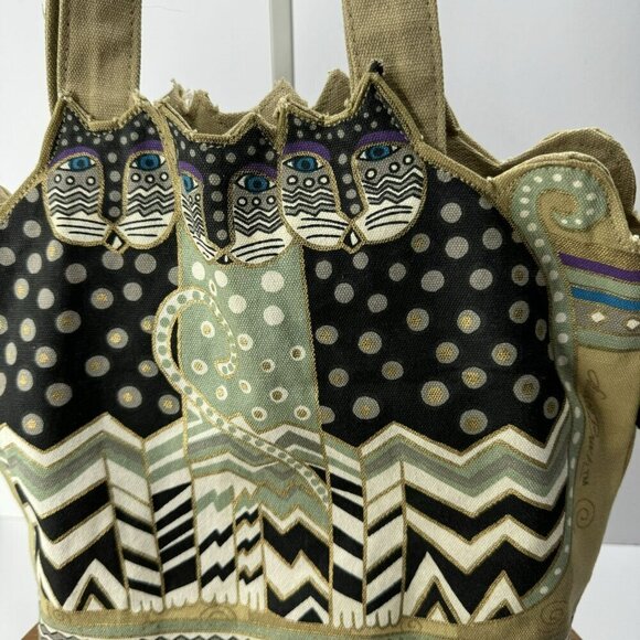 Laurel Burch 3 cat Canvas Tote shoulder Bag tan black white vintage 1990's Women - Picture 3 of 8